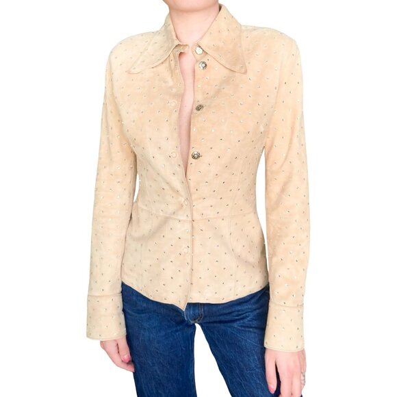 Vintage Dolce & Gabbana Swarovski-Studded Suede Jacket in Tan - Picture 2 of 16